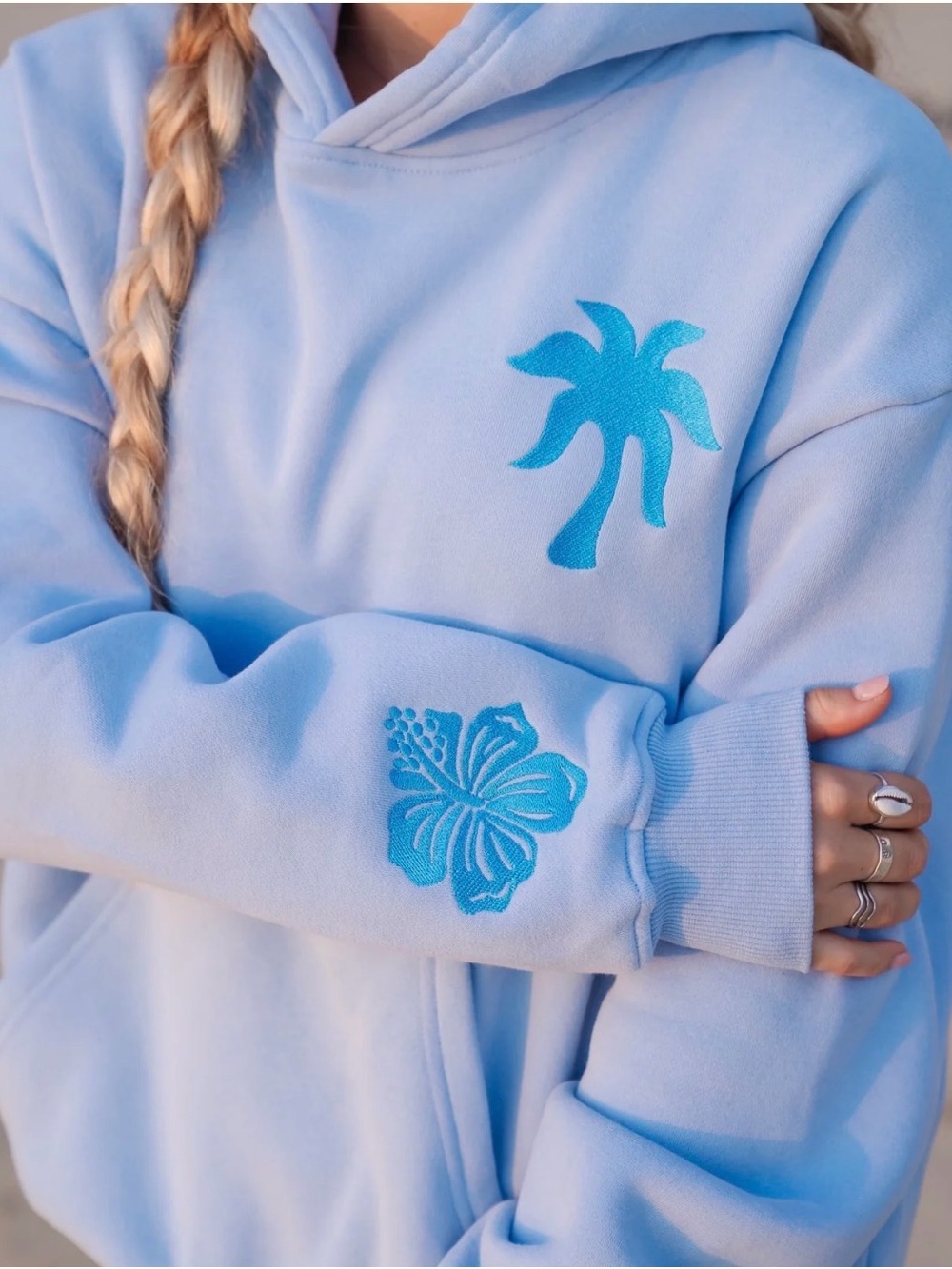 Pink Palm Puff “Everything Comes in Waves” Hoodie - Size Medium - Blue Embroider - Picture 3 of 6